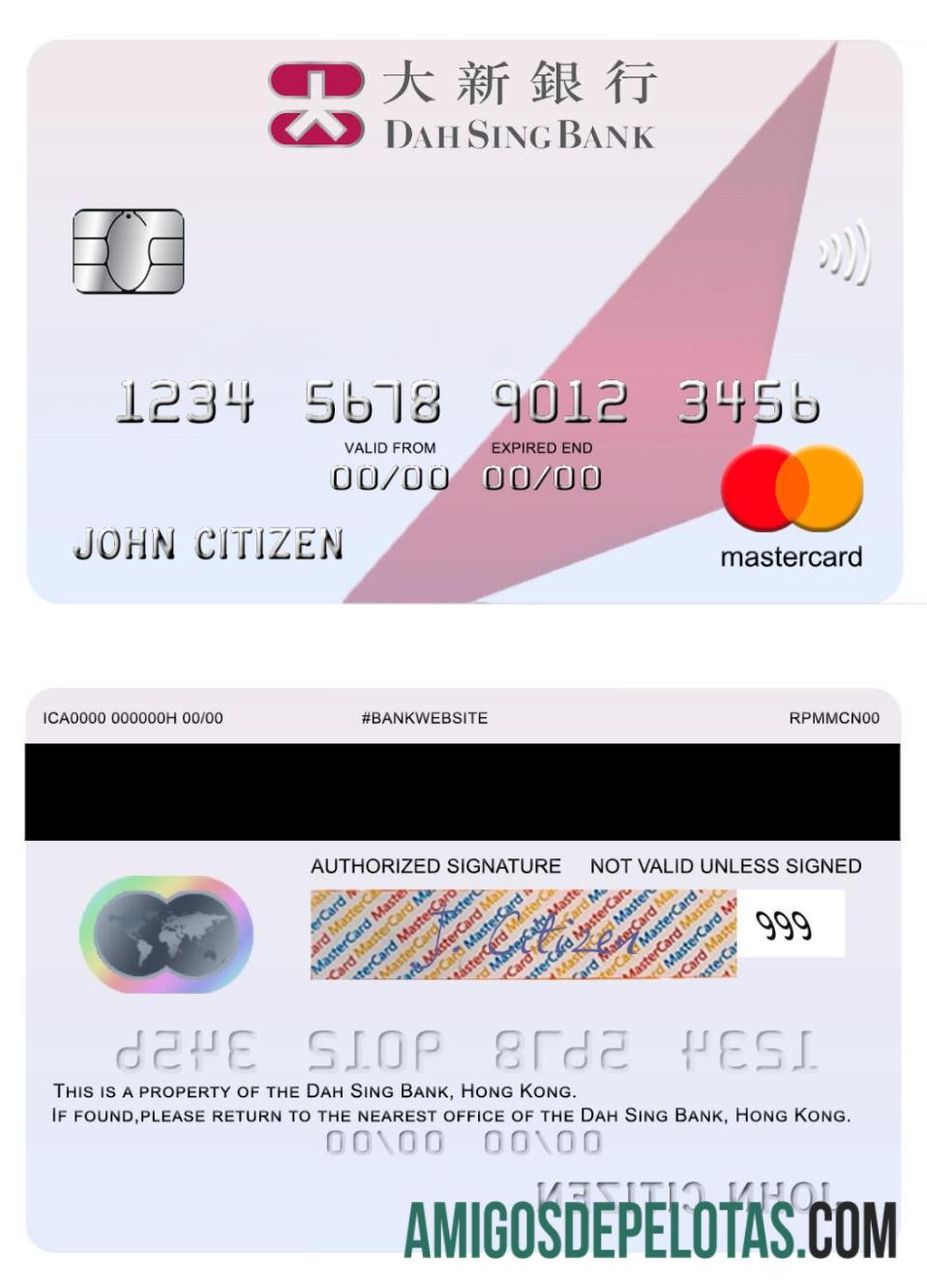 Cartão Mastercard do Banco Dah Sing de Hong Kong exemplo real